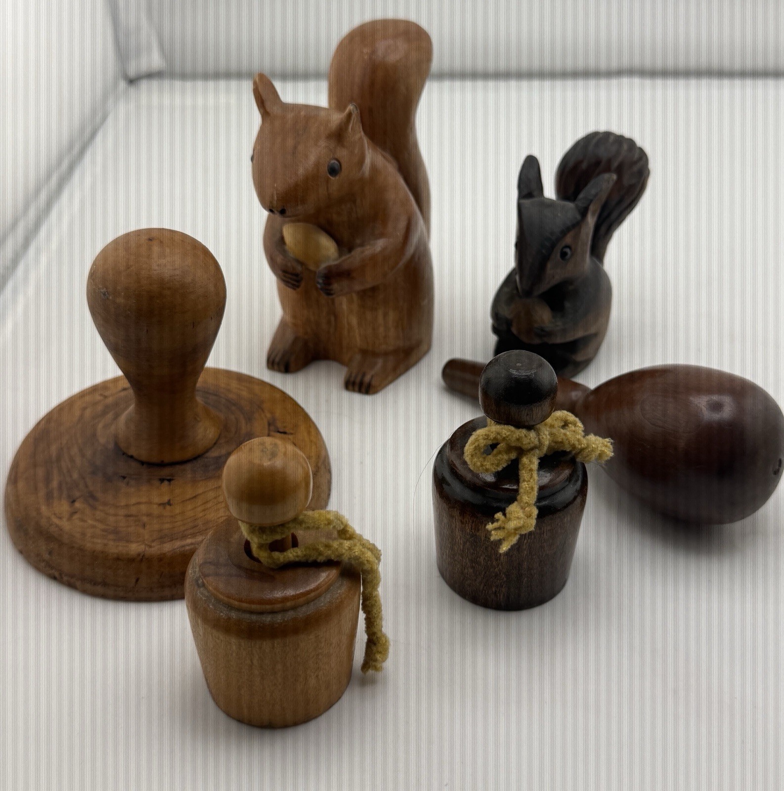 7 Pc Prim Decor Pineapple Butter Mold Press Carved Wood squirrels Darning Egg T