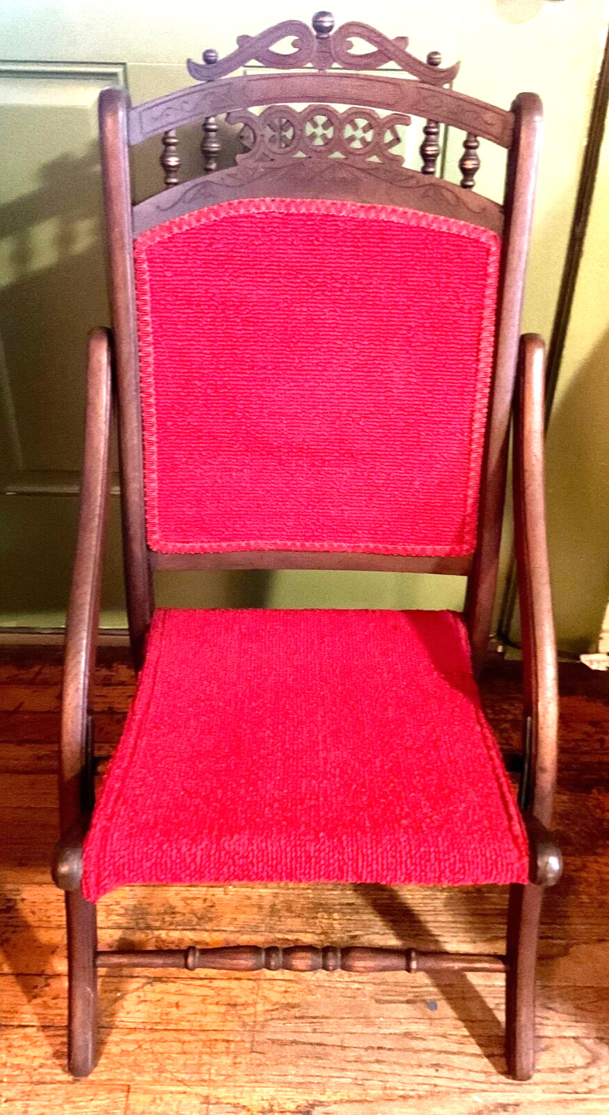 Antique vtg east lake Victorian tapestry fold up folding chair Eastlake wood