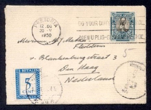 SOUTH AFRICA 1950 ½d to HOLLAND W DUTCH DUE