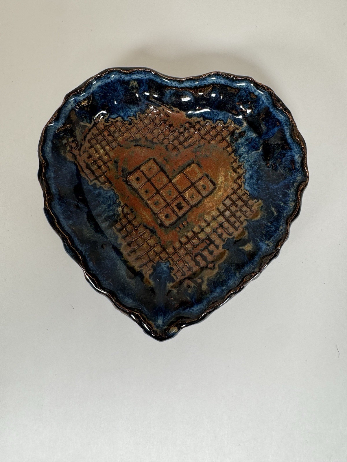 KC Pottery Heart Trinket Clay Dish Blue Brown Glaze