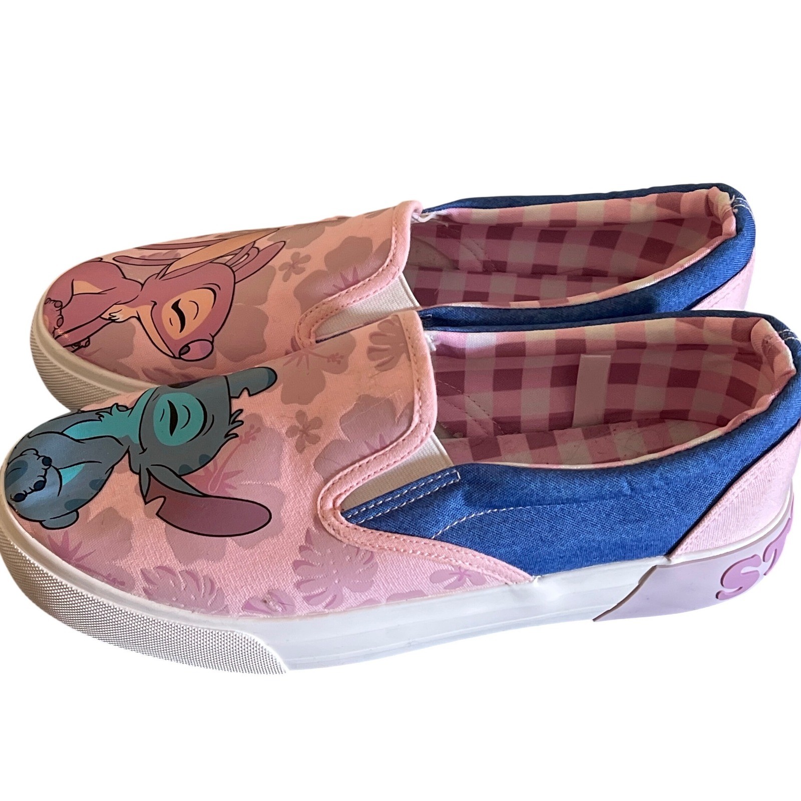 Disney Stitch Angel Pink Blue Gingham Slip On Canvas Shoes Women Size 8.5