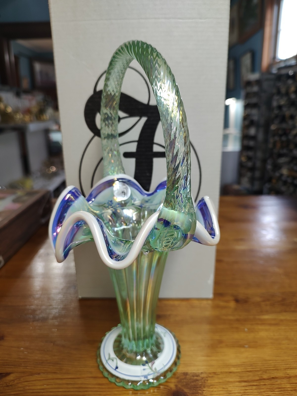 Fenton 95th Legacy Collection Green Willow Opalescent Iridescent Painted Basket 