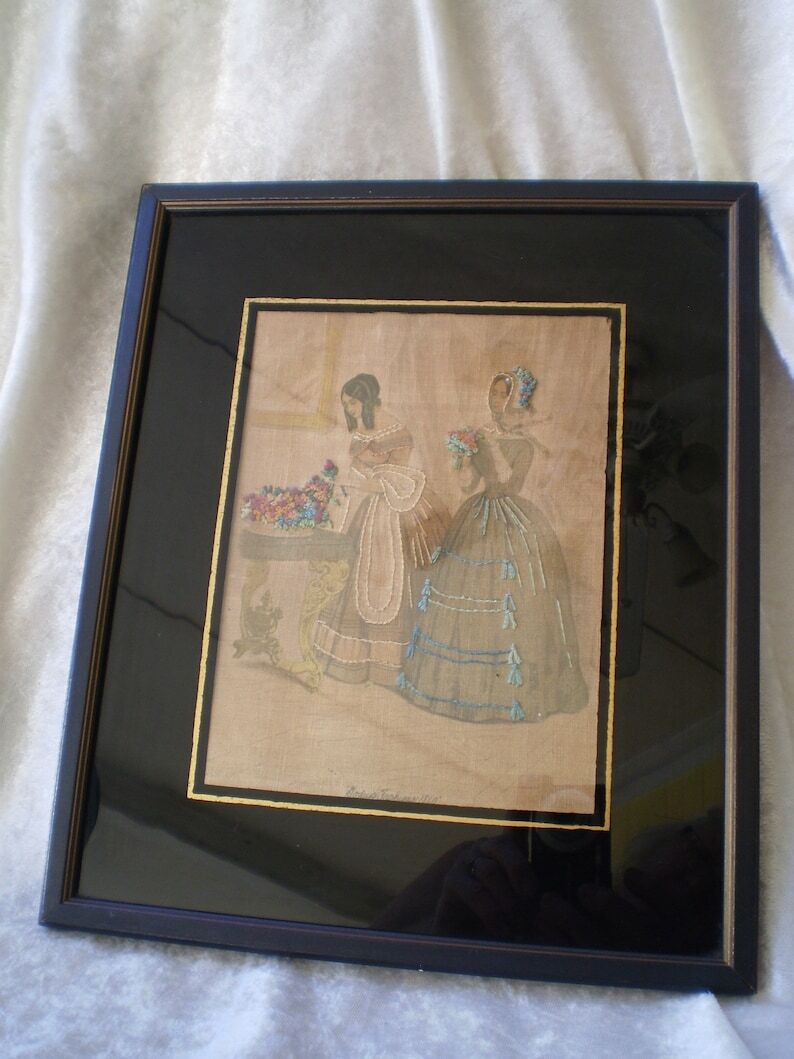 Antique Godey Ladies Fashion Silk Embroidered Stenciled Linen-1800's
