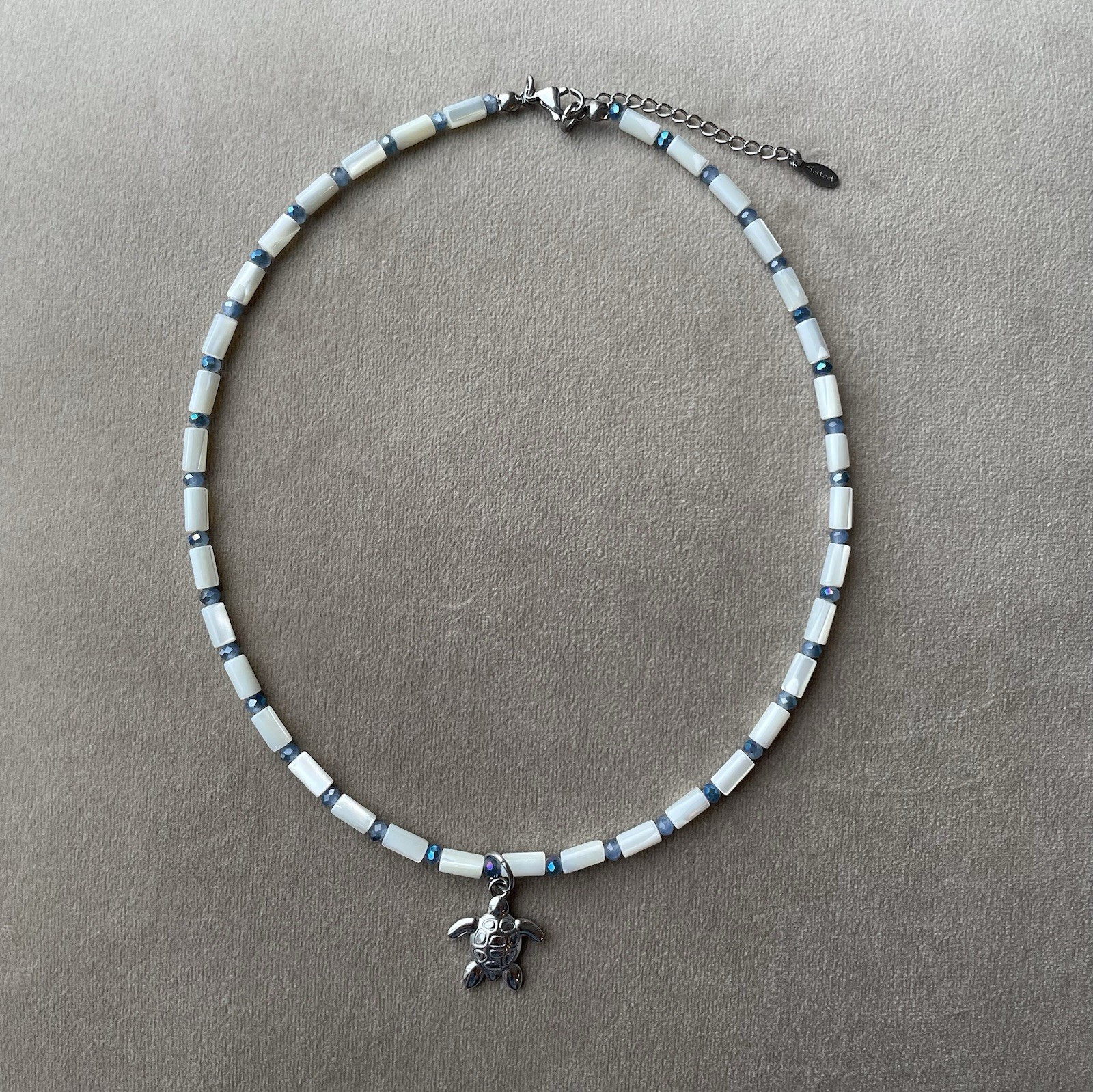 MOTHER OF PEARL Tube Beads STAINLESS Sea Turtle Pendant Necklace 16.25” Sparkly