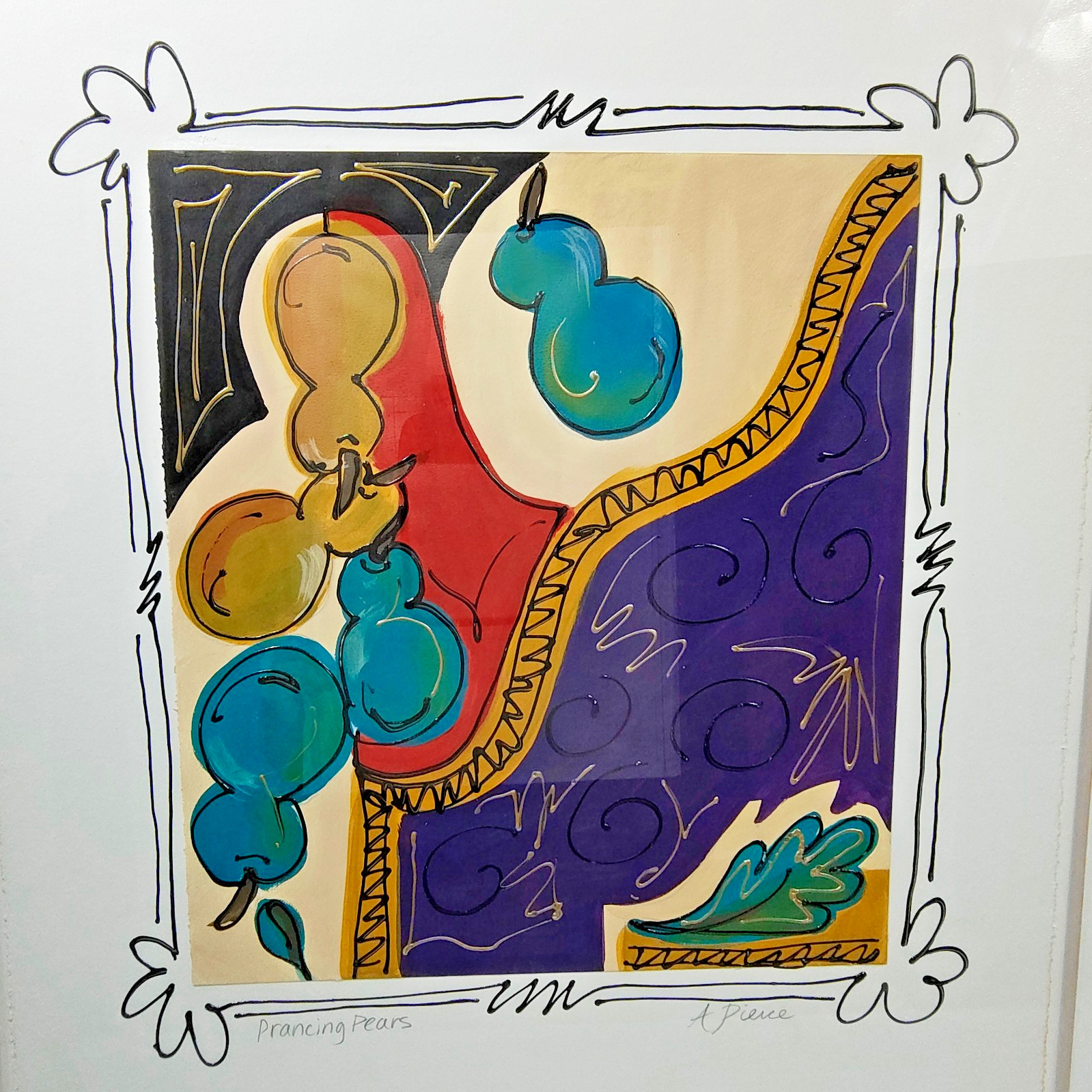 Prancing Pears OOAK Monoprint by A. Pierce for Lawrence Unlimited Framed Signed