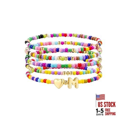  Valentines Gifts for Kids - 5PCS Colorful Beaded Initial Bracelets for Girls M