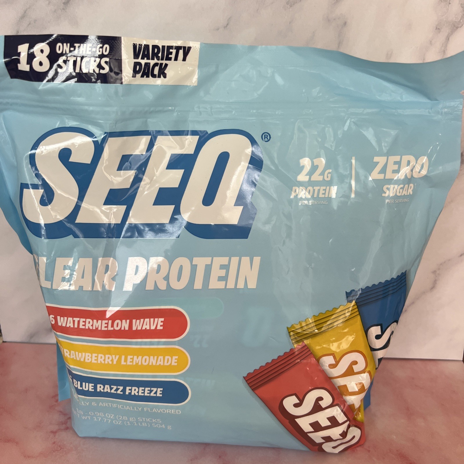 SEEQ Clear Protein Powder Watermelon Wave, Strawberry Lemonade, Blue Razz Freeze