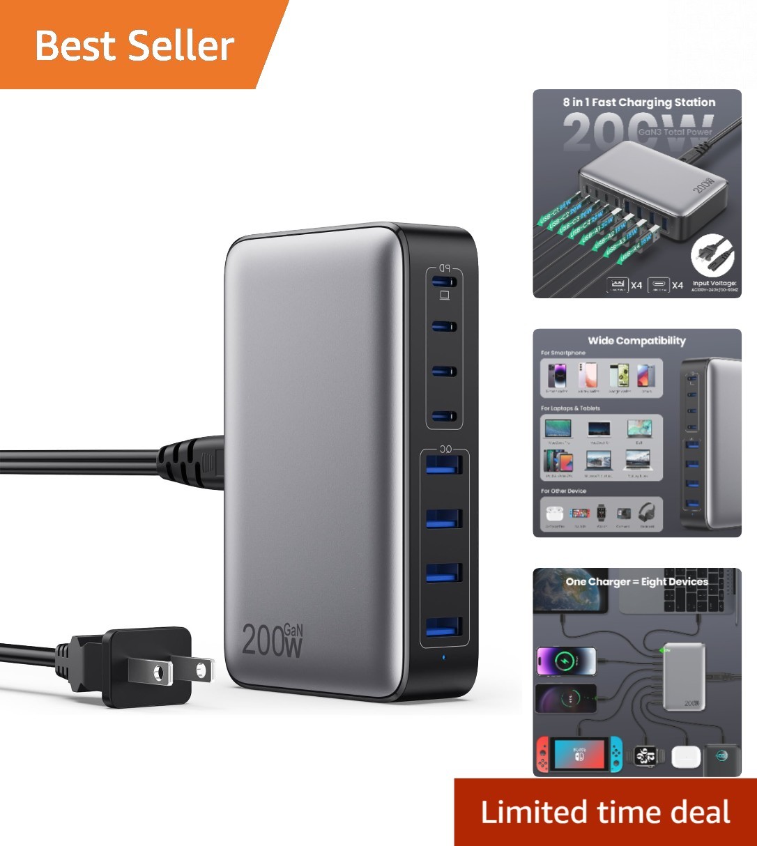 Portable 200W GaN III USB C Charger Block - Fast Charge 8 Devices Simultaneously