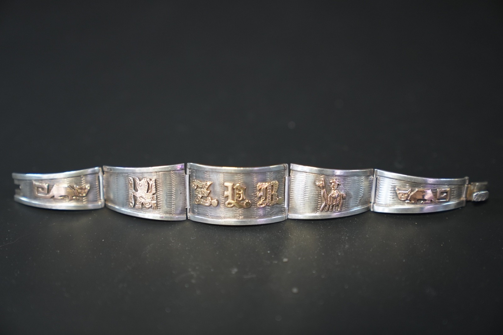 Gorgeous Antiqued Sterling Silver and 18k Gold Peruvian Bracelet