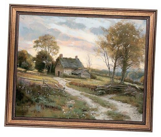Gold Framed Vintage Wall Art Countryside Cottage 12"L x 9.5"W rural trail