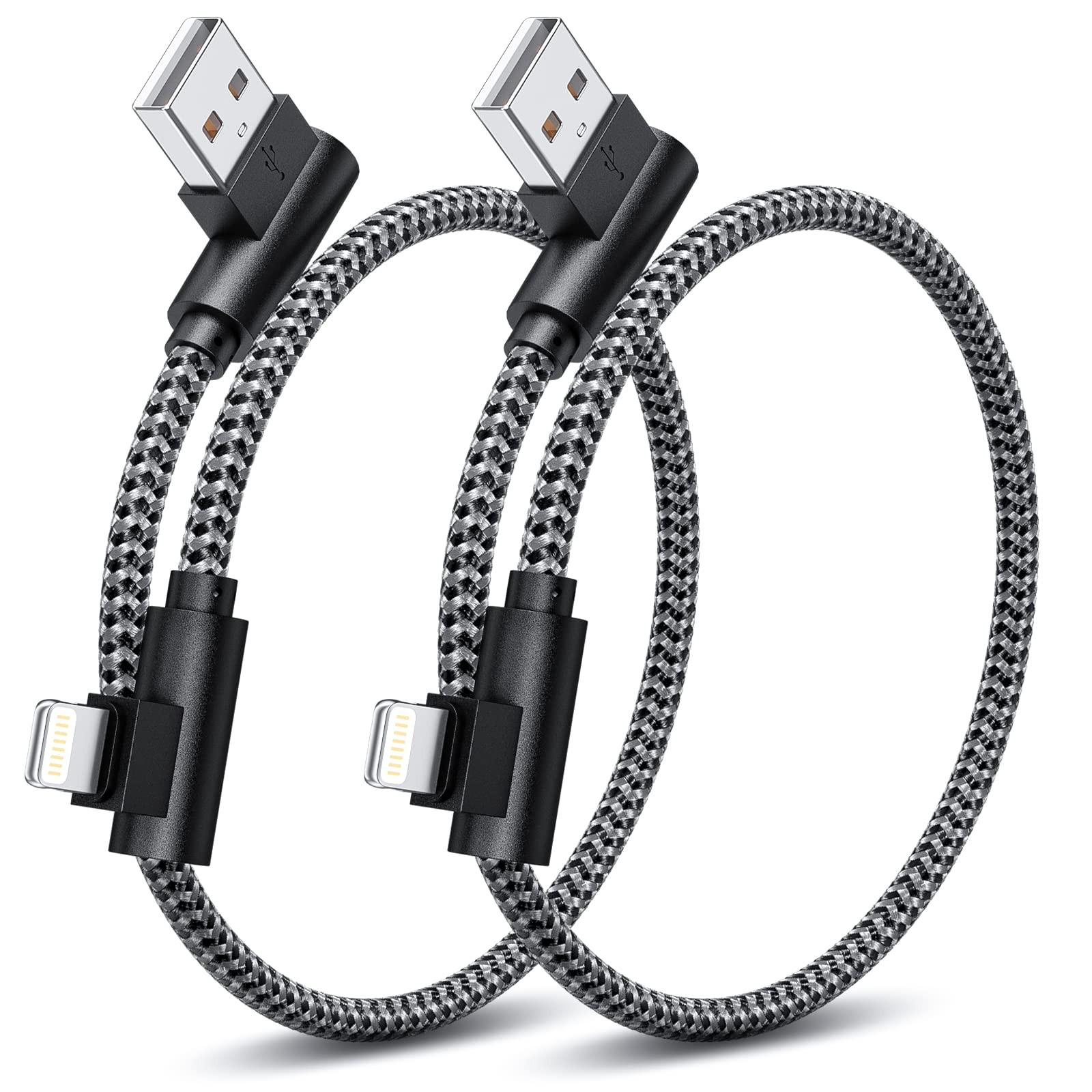 Osecet iPhone Charger 1ft 90 Degree 2 Pack MFi Certified Elbow Black Grey 