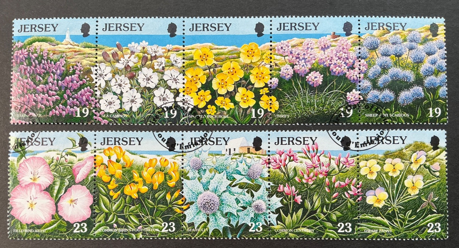 JERSEY USED #721a, 726a 2 Se-tenant strips of 5 *1995* flowers