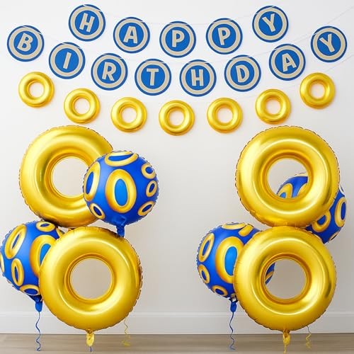 Blue Gold Ring Happy Birthday Banner with 8 Pcs Large Gold Ring Foil Balloons 