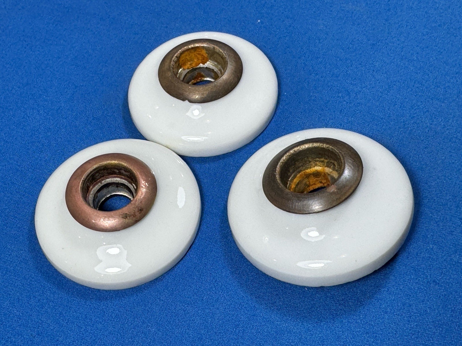 3 Vintage Porcelain Door Knob 2"Dia ESCUTCHEONS w/ Brass Collars