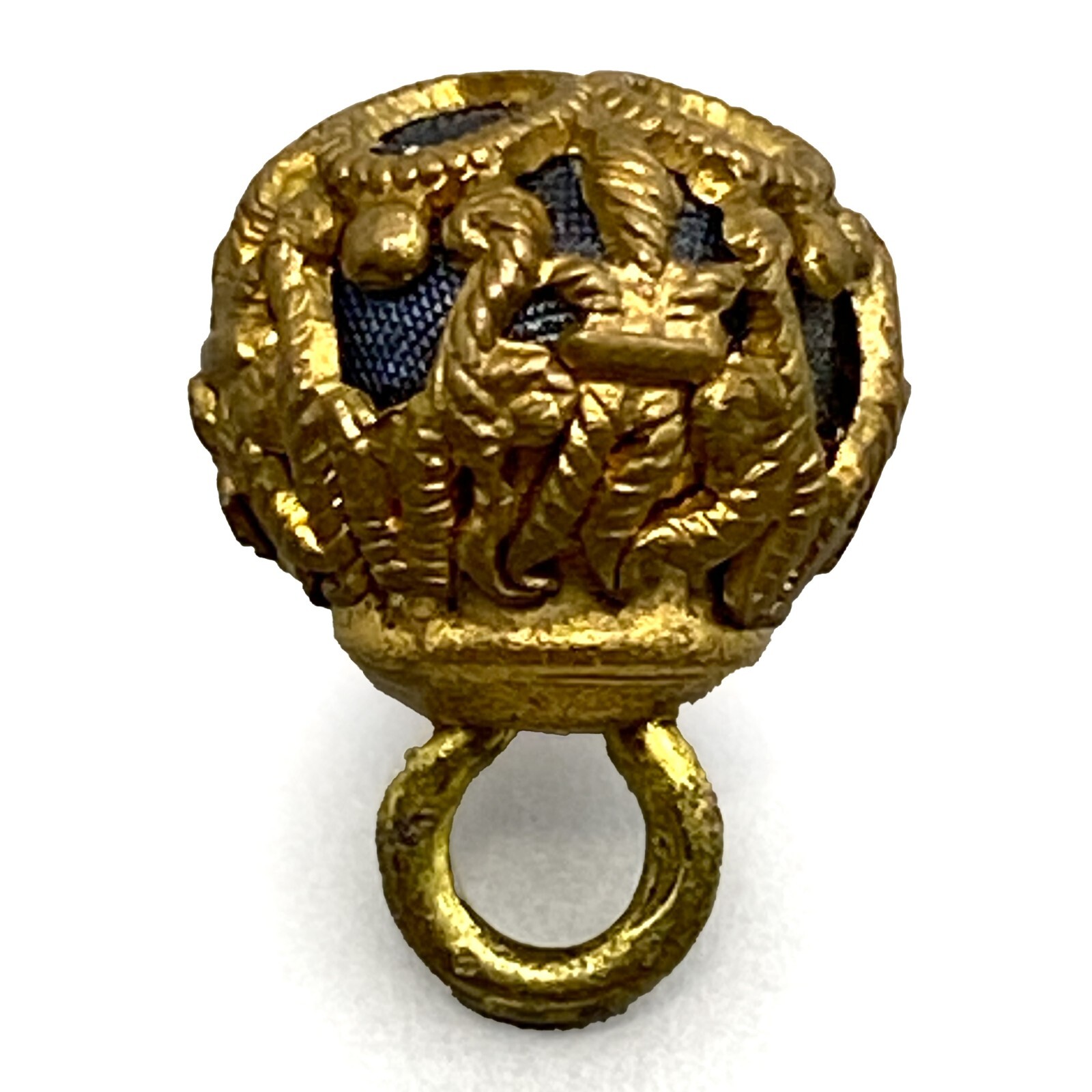 Antique Waistcoat Button Ornate Etruscan Metalwork Over Opaque Dark Blue Glass