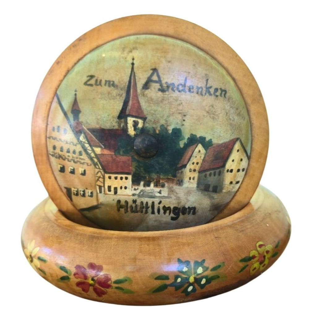 German wood Folk Art bowl hand painted Art Zum Andenken Hüttlingen Souvenir VTG