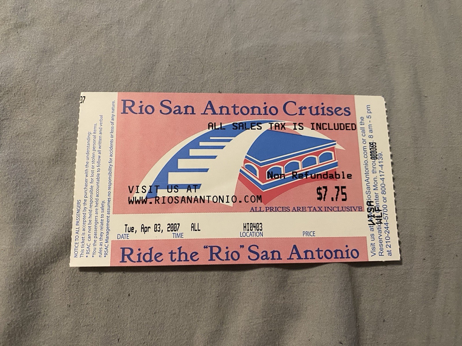 Rio San Antonio River Cruise Ticket Used 2007 Texas Boat Tour