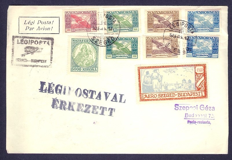 HUNGARY 1925 AIR COMBO w/LABEL SEGED/BUDAPEST FFC