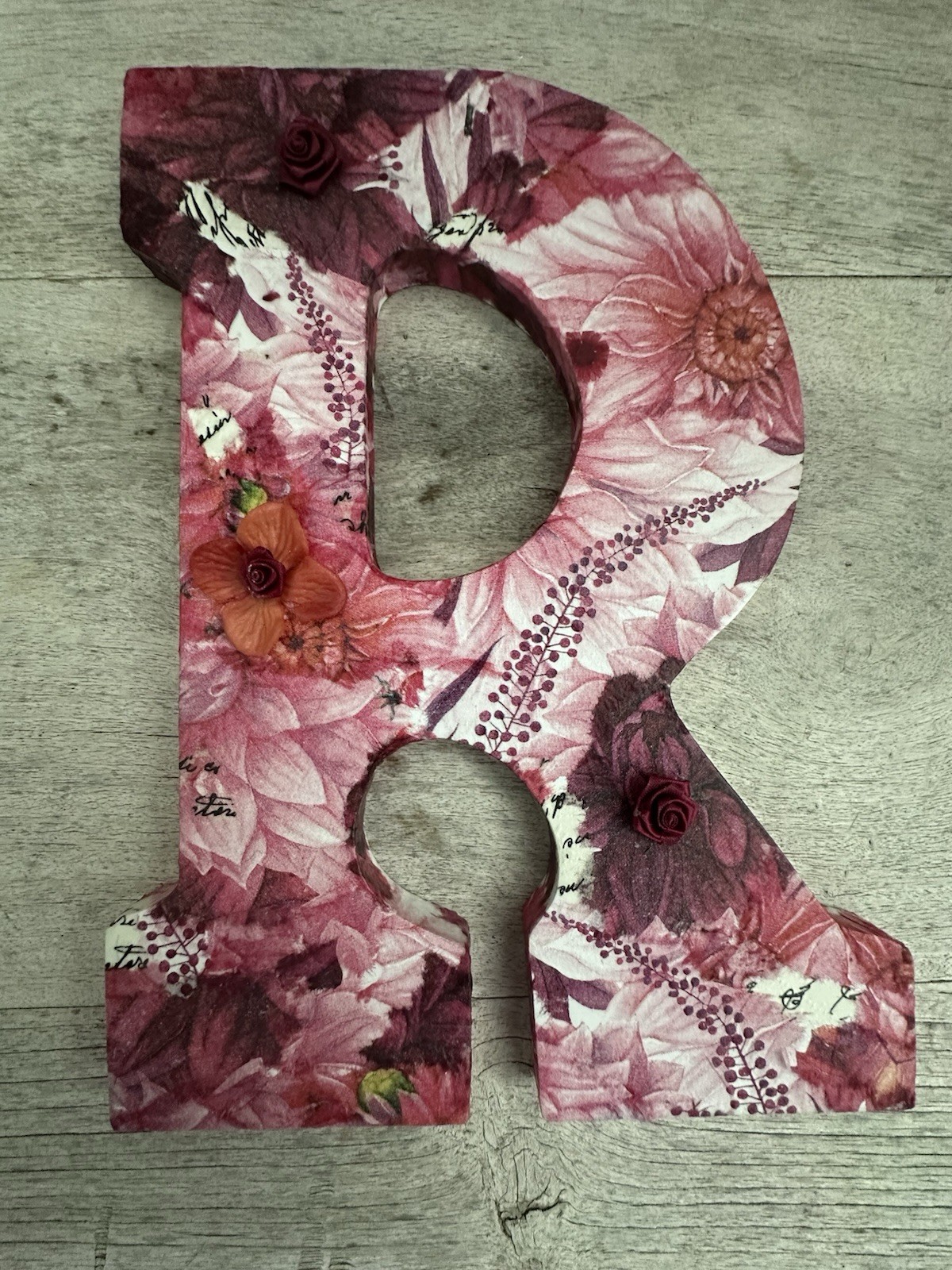 Letter “R” initial Wall Art, Decoupage Large Pink dahlia flowers ,handmade 9”