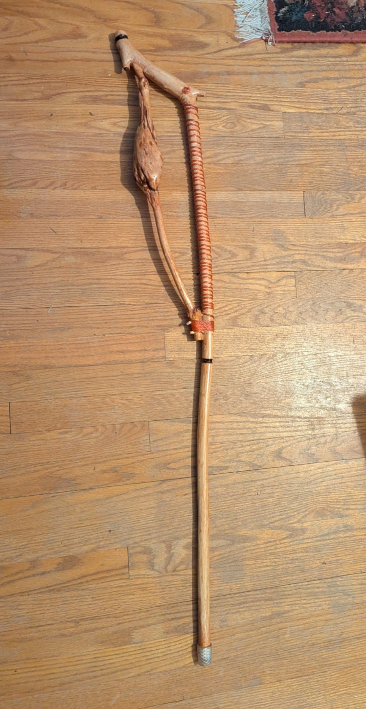 48" Carved Wood Primitive Cane Walking Stick Rustic Folk Art Staff, Etched Cross