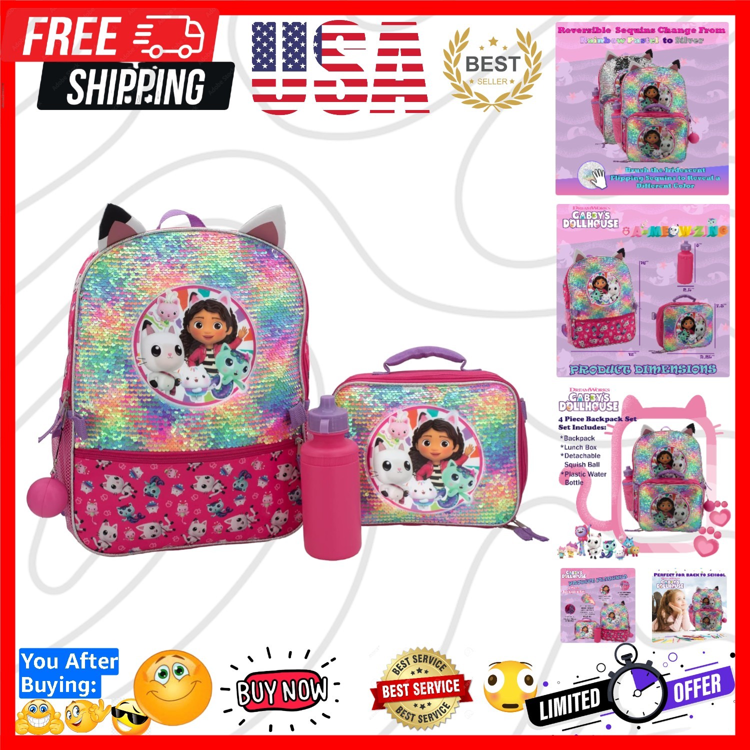 Gabby’s Doll House 4 Piece Backpack Set, Flip Sequin 16" School Bag for Girls...