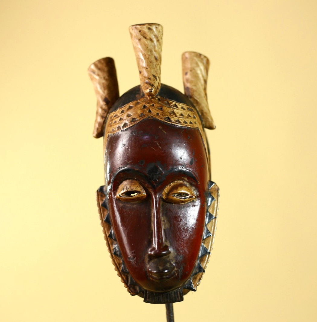 African Mask Baule Style Hand-Carved Wood Wall Display-G6121