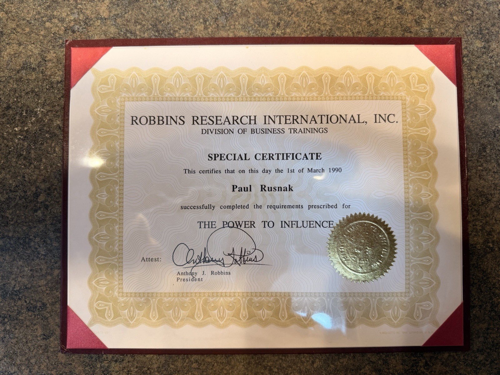 Anthony Tony Robbins "The Power To Influence” Certificate Of Completion