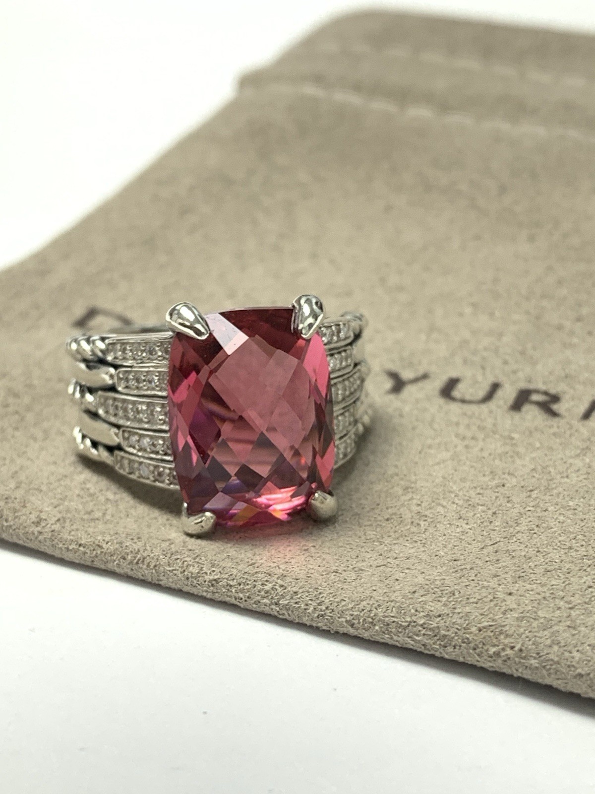 David Yurman Sterling Silver Tides 16x12mm Tourmaline  & Diamond Ring Size 8