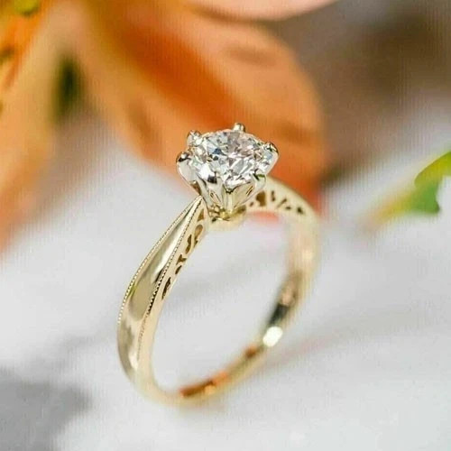 1.2Ct Round Cut Lab Created Diamond Women Engagement Ring 14K Yellow Gold Plated