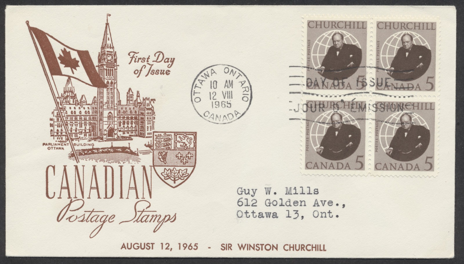 1965 #440 Winston Churchill FDC Block Middlesex Stamp Circle Cachet Insert