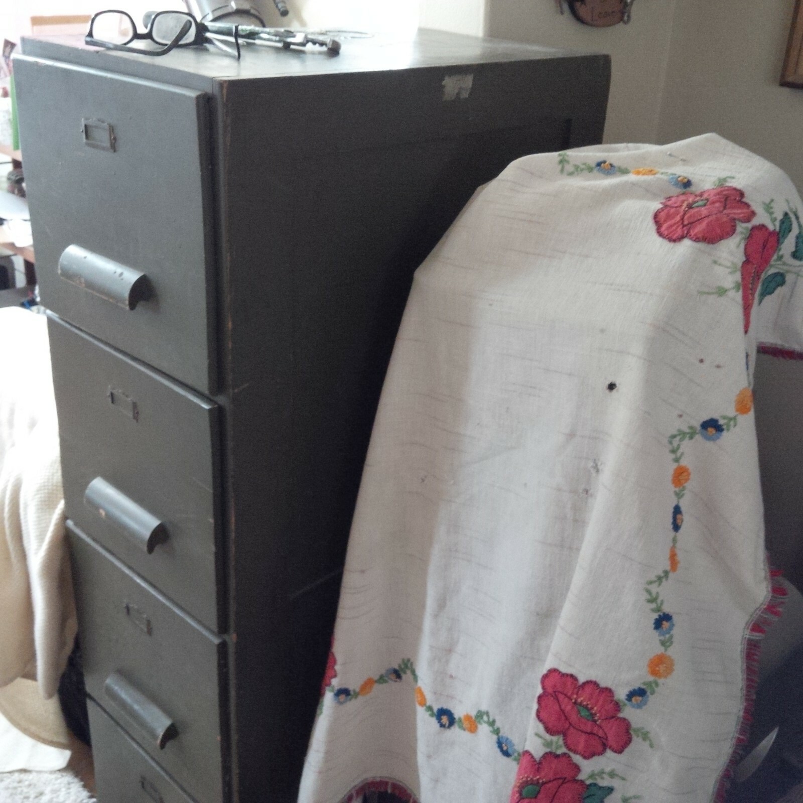 Vintage Military Army Green Wood 4 Drawer File Cabinet Hard to Find 52" Height