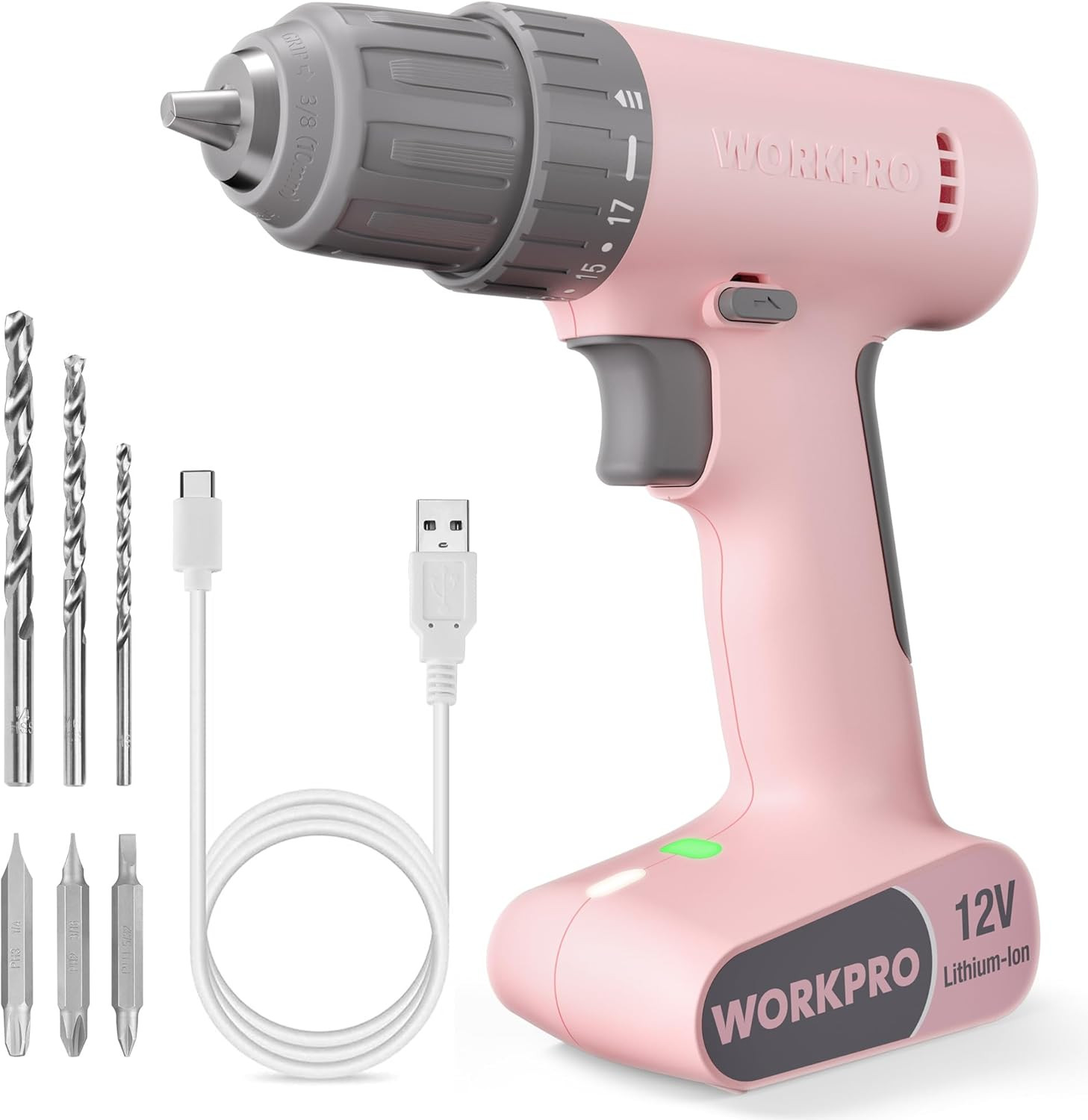 Pink Cordless Drill Driver Set, 12V Electric Power Drill Tool Kit with 6 Pcs Bit