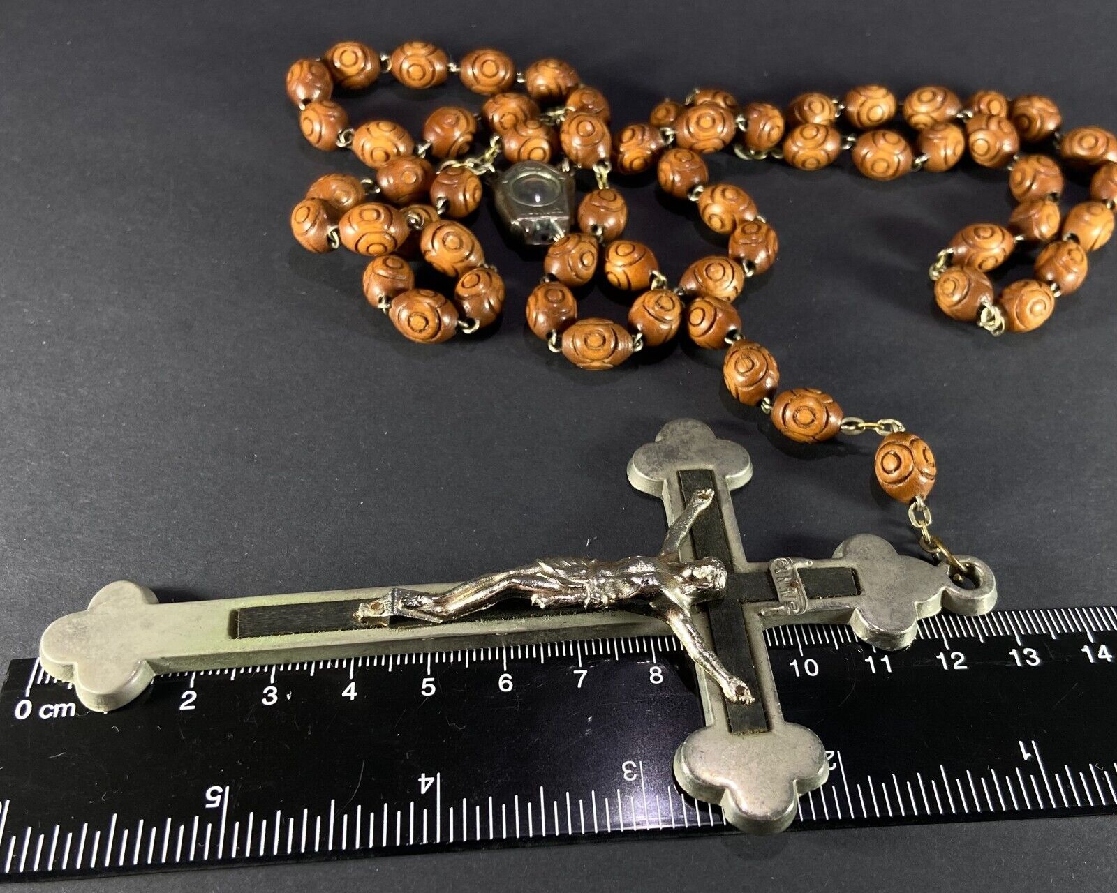 Lourdes Monk’s Rosary with Hand-Carved Beads,large Christian religious cross