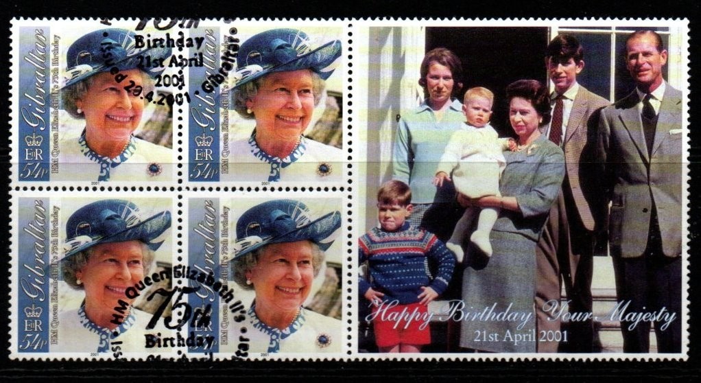 GIBRALTAR SG976 2001 54p BIRTHDAY OF QUEEN ELIZABETH II BLOCK OF 4 FINE USED