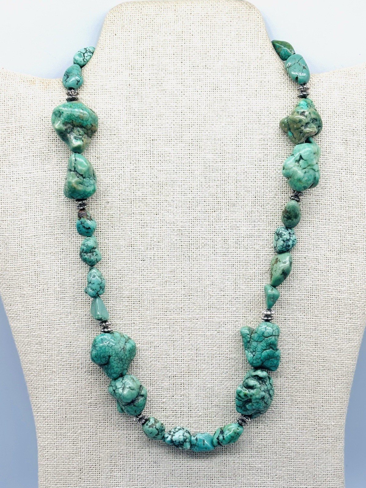 Vtg Native American Natural Green Turquoise Nugget Beads Necklace 20” - 95g