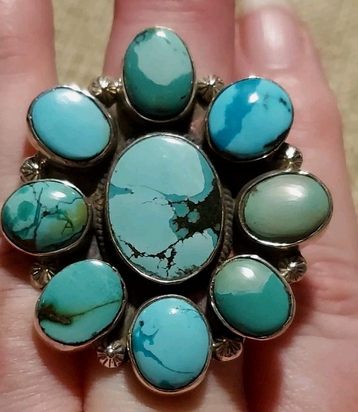 New HUGE Sterling Silver & Kingman Turquoise Adjustable Ring Size 9.5