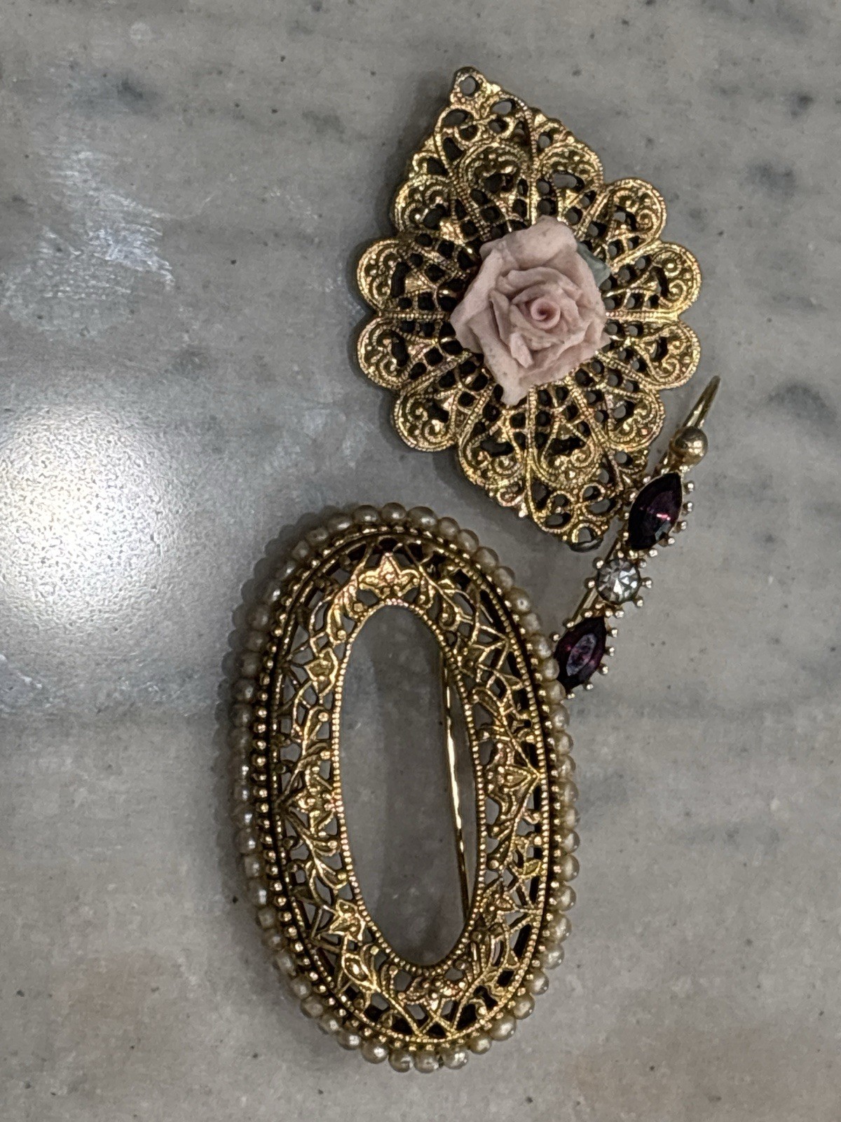 Vintage Gold Tone Brooch Lot Filigree Rose Pearl Rhinestone Pins Estate Jewelry