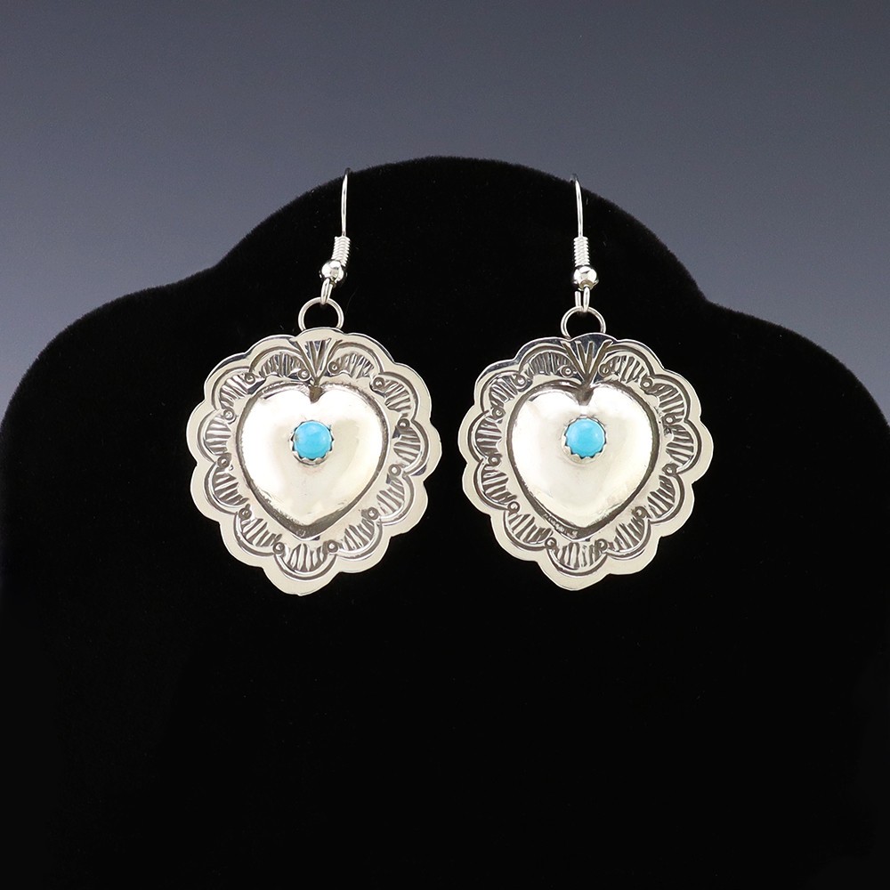NATIVE AMERICAN NAVAJO SILVER & TURQUOISE HEART EARRINGS BY GENEVIEVE BLACKGOAT
