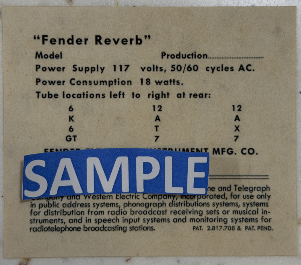 Early Vintage Tube Reverb Unit  Replacement Tube Chart 1960's  FEIMC