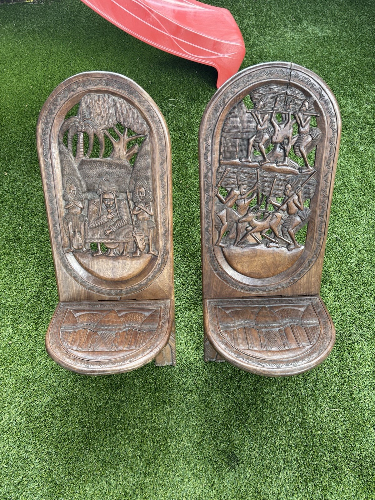 2 African Palaver Tribal Birthing Chieftan Chair Folk Art Carved TWIN ELEPHANT