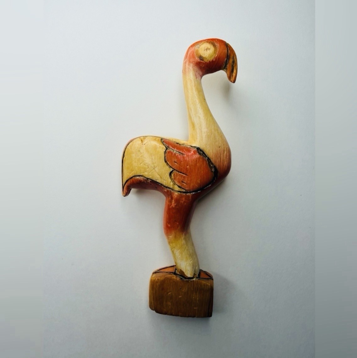 Vtg Hand Painted Wood Flamingo Pin Brooch Folk Art Native