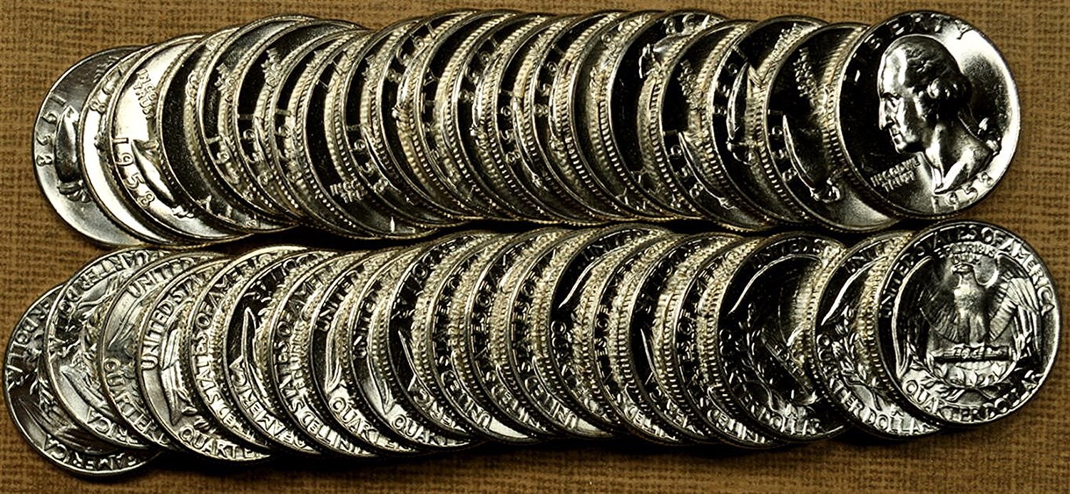 Original Choice to GEM BU Roll of 40 1958 Washington Quarters