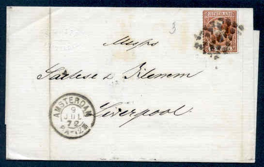 NETHERLANDS #9 1872 NUMERAL CANCEL TO UK