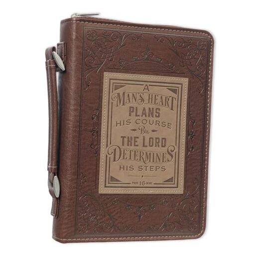  Men's Classic Bible Cover A Man’s Heart Proverbs 16:9, Brown/Tan Faux Large
