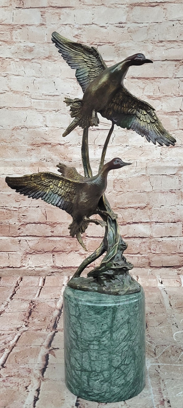 Genuine Mallards Duck Family Bronze Sculpture Art Deco Marble Base Statue