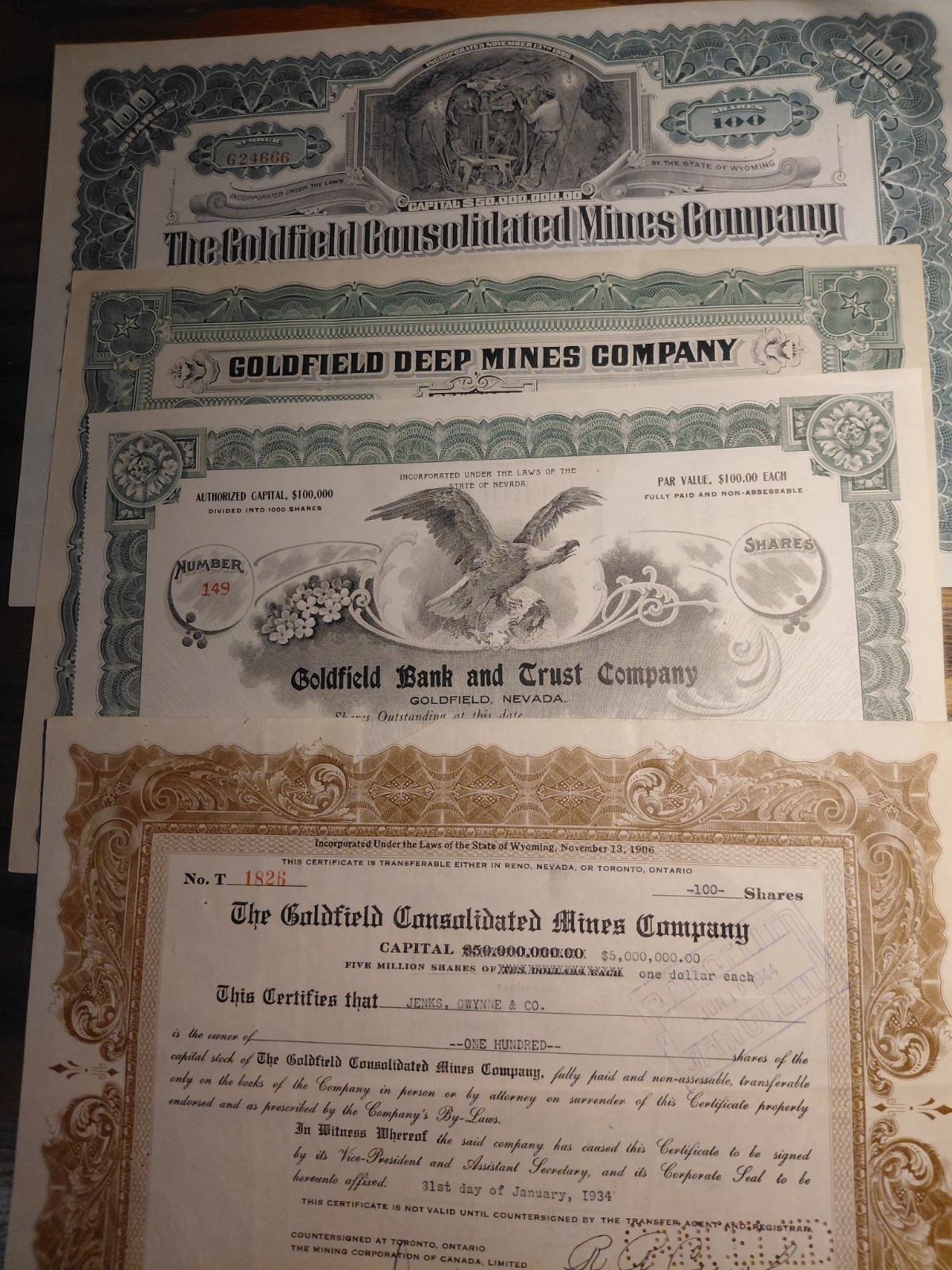 4 Goldfield Nevada Stock Certificates All Different
