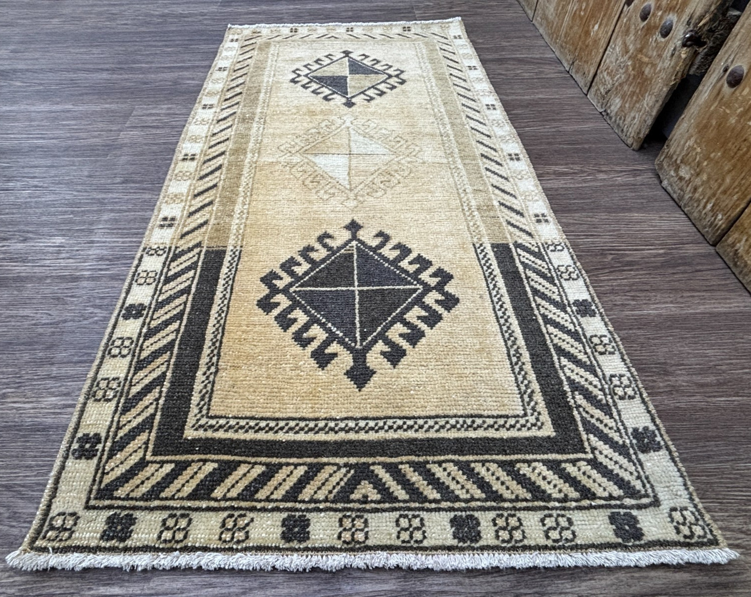 2x4 Beige Black Medallion Vintage Turkish Rug, Hand-Knotted Wool Small Area Rug