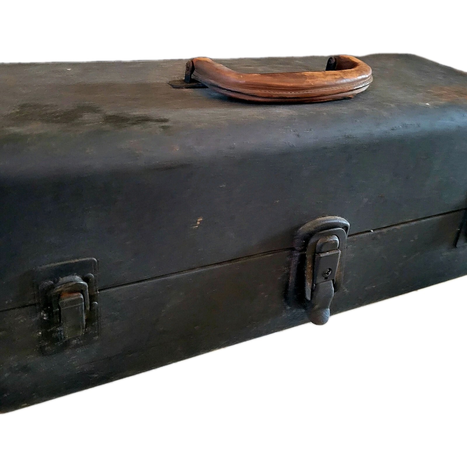 Antique Metal Tool Box Chest/ Tackle Box With Socket Tray Leather Handle Rare!