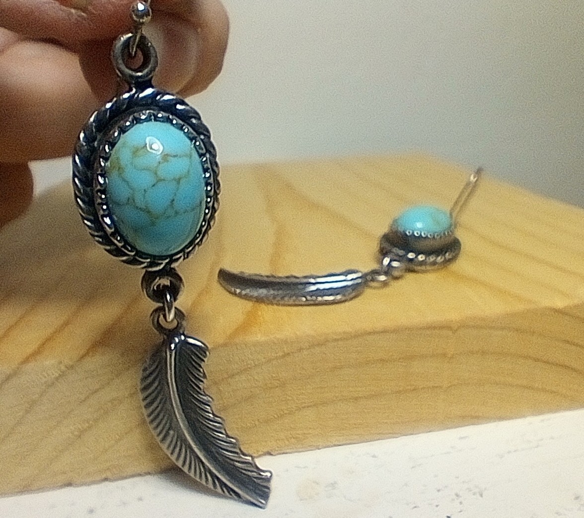 Vintage Sterling And Turquoise Feather Drop Earrings 2" Long