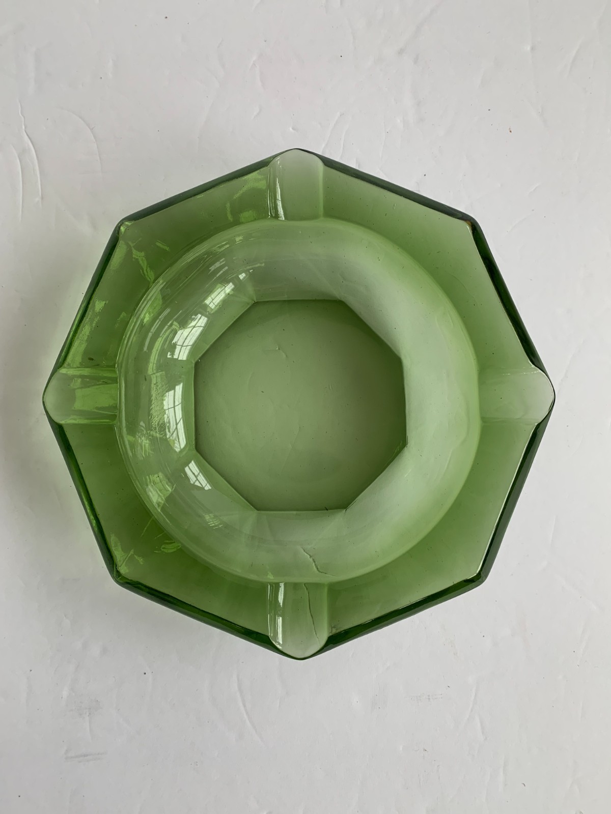 Vintage Emerald Green MCM Glass Cigar Ashtray 7" Octagon 8 Side 4 Slots